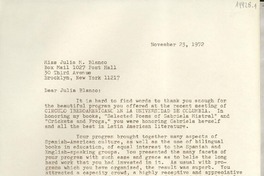 [Carta] 1972 Nov. 23, Box 784, Hildreth Lane, Bridgehampton, New York 11932, [EE.UU.] [a] Miss Julia M. Blanco, Box Mail 1027 Post Hall 30 Third Avenue, Brooklyn, New York 11217, [EE.UU.]