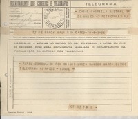 Telegrama 1944 jun. 1, Rio [de Janeiro], [Brasil] [a] Gabriela Mistral, Petrópolis, R J, [Brasil]