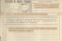 Telegrama 1944 jun. 1, Rio [de Janeiro], [Brasil] [a] Gabriela Mistral, Petrópolis, R J, [Brasil]