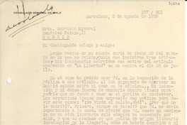 [Carta] 1933 ago. 3, Barcelona, [España] [a] Gabriela Mistral, Madrid, [España]