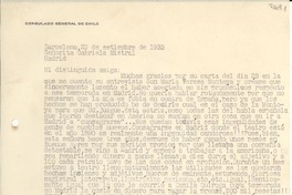 [Carta] 1933 sept. 25, Barcelona, [España] [a] Gabriela Mistral, Madrid