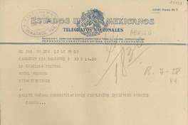[Telegrama] 1949 abr. 5, Camagüey, [México] [a] Gabriela Mistral, Hotel Mocambo, Veracruz, [México]