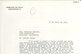 [Carta] 1947 jun. 16, Washington [a] Gabriela Mistral, Monrovia, California