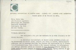 [Carta] 1962 feb. 19, Buenos Aires, [Argentina] [a] Srta Doris Dana