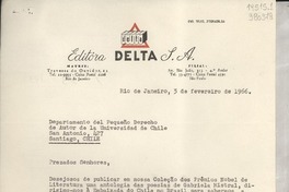 [Carta] 1966 fev. 3, Río de Janeiro, [Brasil] [a] Departamento del pequeño derecho de autor de la Universidad de Chile, San Antonio 427, Santiago, Chile