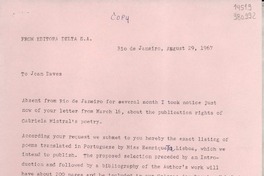 [Carta] 1967 Aug. 29, Rio de Janeiro, [Brasil] [a] Joan Daves