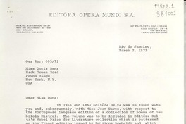 [Carta] 1971 Mar. 2, Rio de Janeiro, [Brasil] [a] Miss Doris Dana, Hack Green Road, Pound Ridge, New York, N. Y., USA