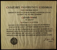 [Diploma] 1954 oct. 31, Nueva York, Estados Unidos [a] Gabriela Mistral