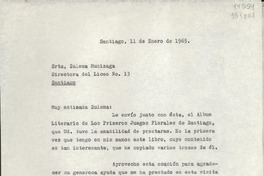 [Carta] 1965 ene. 11, Santiago, [Chile] [a] Srta. Zulema Munizaga, Directora del Liceo No. 13, Santiago