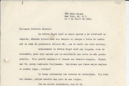 [Carta] 1943 jul. 7, New York, [EE.UU.] [a] Gabriela Mistral, Petrópolis, Brasil