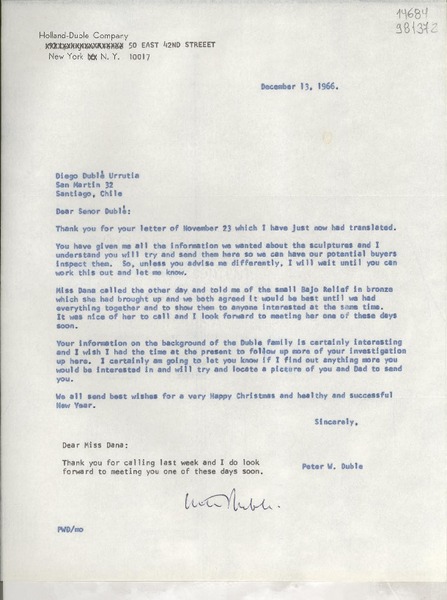 [Carta] 1966 Dec. 13, New York, [Estados Unidos] [a] Diego Dublé Urrutia, San Martín 32, Santiago, Chile