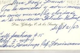 [Tarjeta] 1963 sept. 21, Santo Domingo, República Dominicana [a] Doris Dana