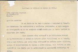 [Carta] 1944 jul. 1, Santiago, [Chile] [a] Gabriela Mistral, Petrópolis, Brasil