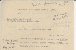 [Carta] 1949 sept. 6, Santiago, [Chile] [a] Gabriela Mistral, Santa Bárbara, California, [Estados Unidos]