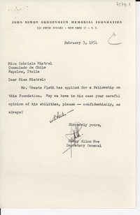 [Carta] 1954 Feb. 3, New York, [EE.UU.] [a] Gabriela Mistral, Nápoles, Italia
