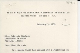 [Carta] 1954 Feb. 3, New York, [EE.UU.] [a] Gabriela Mistral, Nápoles, Italia