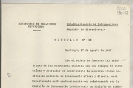 Circular N° 45, 1947 ago. 27, Santiago [a] los señores jefes de misión y consules de Chile
