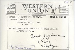 [Telegrama] 1953 mayo 29, México D. F. [a] Gabriela Mistral, New York