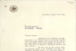 [Carta] 1942 abr. 6, Santiago, [Chile] [a] Gabriela Mistral, Petrópolis, Brasil