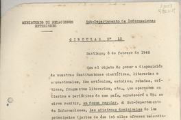 Circular N° 12, 1948 feb. 6, Santiago, [Chile] [a] Los Señores Jefes de Misión y Cónsules de Chile en América