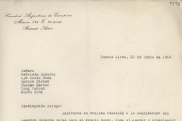 [Carta] 1954 jun. 22, Buenos Aires, Argentina [a] Gabriela Mistral, Roslyn Harbor, Nueva York, [EE.UU.]