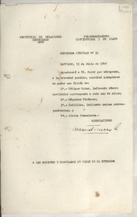 Aérograma Circular N° 31, 1948 jul. 13, Santiago, [Chile] [a] Las misiones y consulados de Chile en el exterior