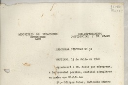 Aérograma Circular N° 31, 1948 jul. 13, Santiago, [Chile] [a] Las misiones y consulados de Chile en el exterior