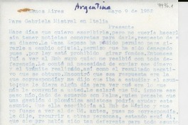 [Carta] 1952 mayo 9, Buenos Aires, [Argentina] [a] Gabriela Mistral, Italia