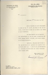 [Memorandum], 1947 jun. 25, Santiago [al] Señor Consul de Chile, Santa Barbara, Calif.