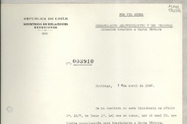 [Memorandum] N° 003910, 1947 abr. 14, Santiago, [Chile] [al] Señor Cónsul de Chile D. Gabriela Mistral, Los Angeles, Calif. , EE.UU.