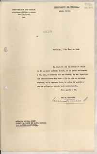 [Memorandum] N° 005195, 1948 mayo 15, Santiago [a] Señorita Lucila Godoy, Consul de Chile en Santa Barbara, Los Angeles, California