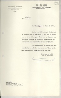 [Memorandum] N° 004530, 1947 abr. 29, Santiago, [Chile] [al] Señor Cónsul de Chile, Monrovia, Calif. , [EE.UU.]