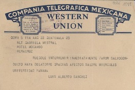 [Telegrama] 1949 feb. 28, Guatemala [a] Gabriela Mistral, Veracruz