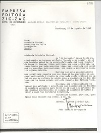 [Carta] 1942 ago. 27, Santiago [a] Gabriela Mistral, Petrópolis, Brasil