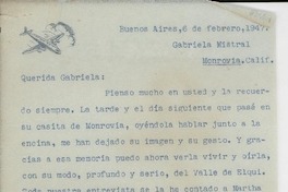 [Carta] 1947 feb. 6, Buenos Aires, [Argentina] [a] Gabriela Mistral, Monrovia, California, [EE.UU.]