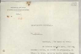 [Memorandum] N° 1723, 1936 mar. 17, Santiago, [Chile] [al] Señor Cónsul General de Chile en Lisboa, [Portugal]