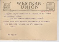 [Telegrama] 1948 jul. 1, Santiago, [Chile] [a] Gabriela Mistral, 729 East Anapamu, Santa Barbara, Calif., [EE.UU.]