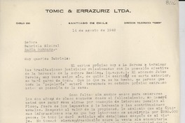 [Carta] 1948 ago. 14, Santiago, Chile [a] Gabriela Mistral, Santa Bárbara, [EE.UU.]