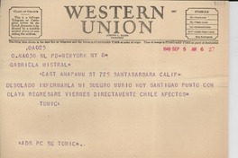 [Telegrama] 1948 sept. 9, New York, [EE.UU.] [a] Gabriela Mistral, Santa Barbara, Calif., [EE.UU.]