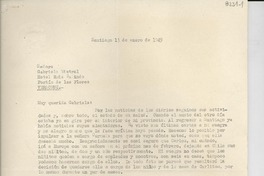 [Carta] 1949 ene. 13, Santiago, [Chile] [a] Gabriela Mistral, Hotel Ruíz Galindo, Fortín de las Flores, Veracruz, [México]