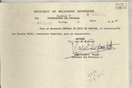 [Memorandum] N° 002551, 1952 ago. 4, Santiago [a] Consulado General de Chile, Nápoles