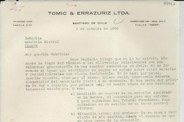 [Carta] 1950 oct. 2, Santiago, Chile [a] Gabriela Mistral, Jalapa, [México]
