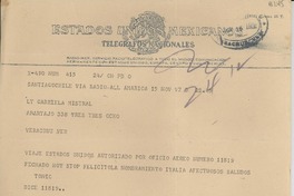 [Telegrama] 1950 nov. 15, Santiago, Chile [a] Gabriela Mistral, Veracruz, [México]