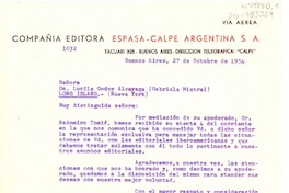 [Carta] 1954 oct. 22, Buenos Aires, [Argentina] [a] Lucila Godoy Alcayaga (Gabriela Mistral), Long Island, (Nueva York)