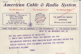 [Telegrama] 1953 Mar. 9, Santiago, Chile [a] Doris Dana, [New York, EE.UU.]