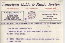 [Telegrama] 1953 Mar. 19, Santiago, Chile [a] Gabriela Mistral, New York, [EE.UU.]