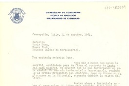 [Carta] 1961 oct. 11, Concepción, Chile [a] Doris Dana, Nueva York, Estados Unidos de Norteamérica