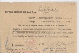 [Recibo] 1952 ene. 3, Santiago [a] Gabriela Mistral