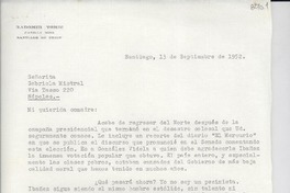 [Carta] 1952 sept. 13, Santiago [a] Gabriela Mistral, Nápoles