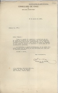 Oficio N° 277, 1933 mar. 31, San Juan, Puerto Rico [a la] Señorita Gabriela Mistral, Cónsul de Chile en Madrid